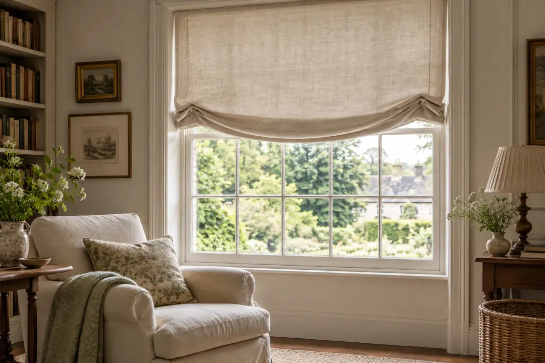 Relaxed linen Roman shade with one gentle curved lower swag