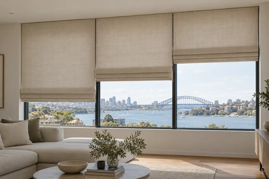 Linen Roman blinds in a Sydney apartment overlooking the Harbour Bridge
