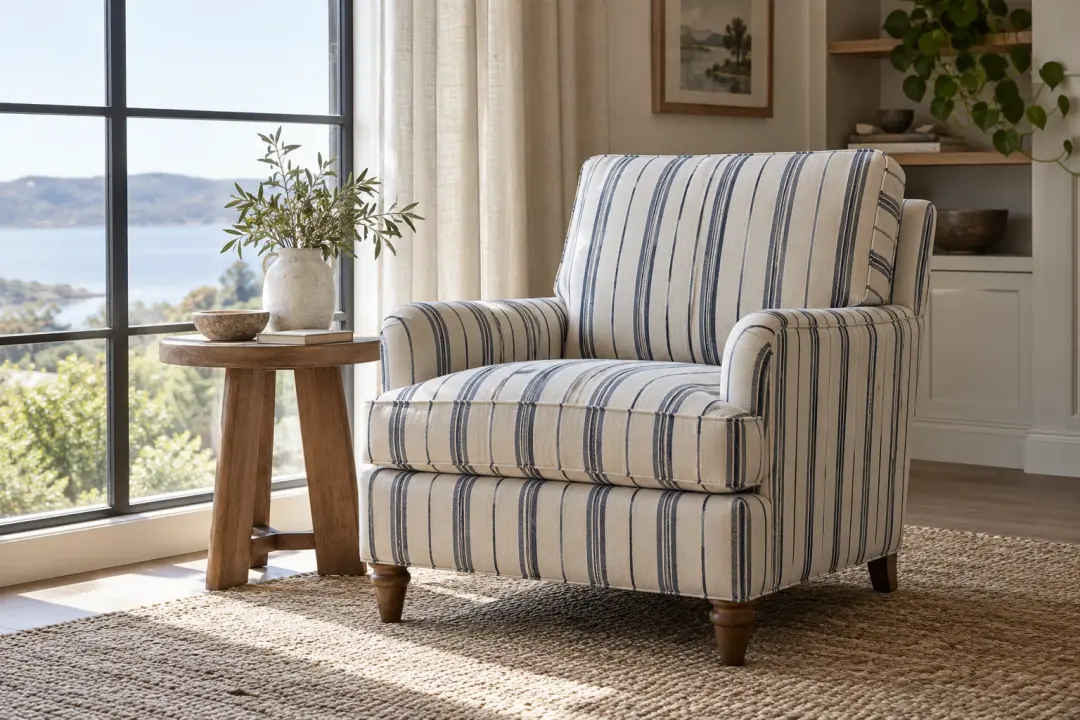Custom armchair in striped linen, three-quarter view
