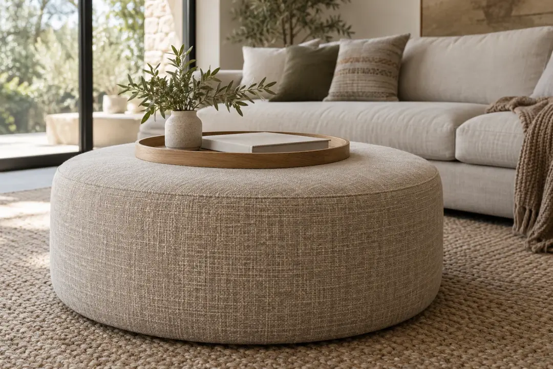Custom ottoman in natural linen beside a sofa