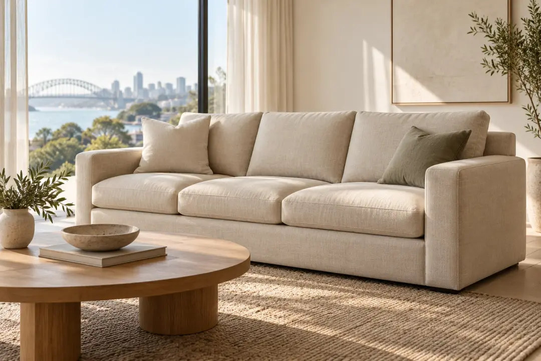 Custom three-seat sofa in oatmeal linen, front view