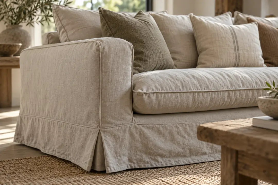 Removable sofa cover in natural linen, arm detail